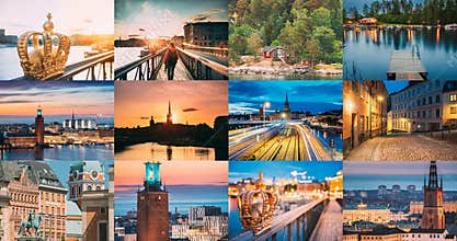 Travel Photos Set Bunch Pack Stockholm, Sweden. Famous Popular Places And Landmarks Destination Scenics. Scandinavia