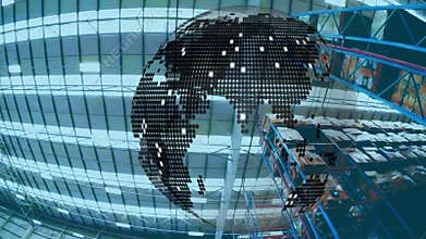 Animation of spinning globe over warehouse