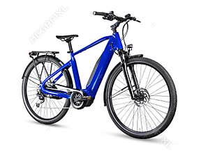 Blue modern mens mid drive motor city touring or trekking e bike pedelec with electric engine middle mount. battery powered ebike