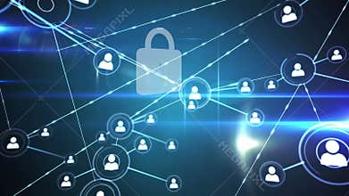 Digital animation of network of profile icons over security padlock icon on blue background