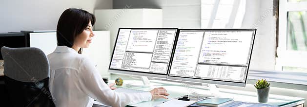 Programmer Woman Coding Program On Computer
