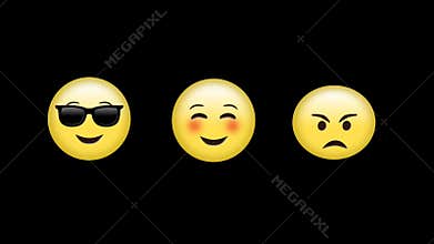 Digital animation of angry, blushing and face wearing sunglasses emojis against black background