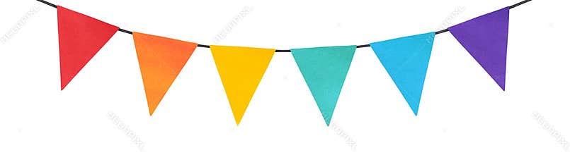 Rainbow Banner Bunting with multicolor pennant flags for colorful design, birthday party decoration, cute invitation.