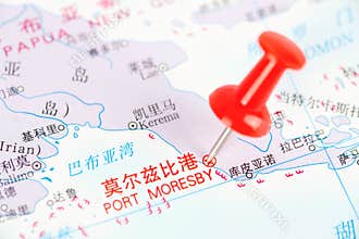 Port Moresby, the capital of Papua New Guinea, marked on the map