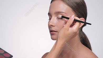 Makeup artist applies eye shadow.The concept of aesthetic cosmetology and makeup