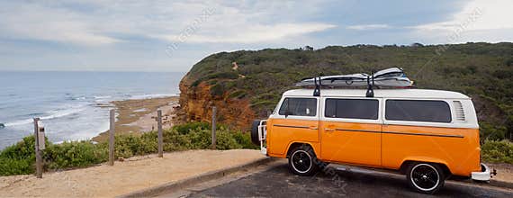 Surfers Orange Van on Bells beach - Australia