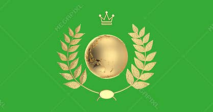 4k Resolution Video: Golden Earth Globe with Winner Award Gold Laurel Wreath Rotating Animation on Green Screen Chroma Key