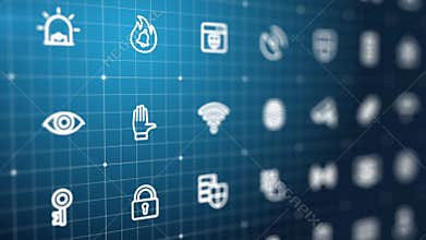 4K Abstract 3d animation. Security, protection, monitoring background. Swipe in cyberspace grid. Futuristic interface