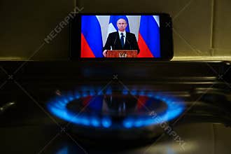 Gas at home for cooking. Natural gas also called fossil gas and Russian flag. Nord Stream is a natural gas pipeline through the