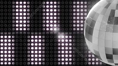 Animation of rotating disco ball and white lights at christmas and new year celebration