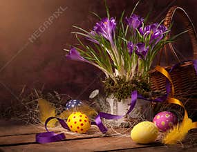 Easter card with eggs spring flowers