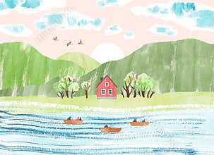Spring fishing. Watercolor vector landscape with fishermen on boats, house, clouds and mountains. Fishing in the river. Cute