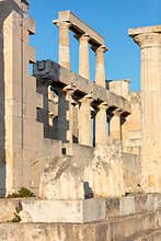 An ancient Greek temple dedicated to the goddess Aphai in Greece on the island of Aegina