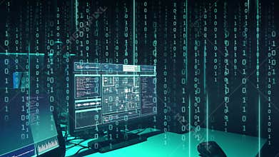 Internet fraud, darknet, data thiefs, cybercrime concept. Hacker attack on government server. Dangerous criminals coding