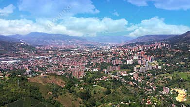 Panoramic of Medellin City at the Aburra Valley, Antioquia, Colombia aerial view