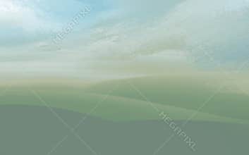 Digital artwork presenting summer countryside or green village with fields, meadows and picturesque cloudy sky.