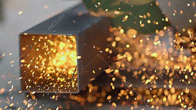 Worker cutting square steel pipe in construction site