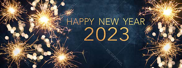 HAPPY NEW YEAR 2023 Party background greeting card  - Sparklers and bokeh lights, on dark blue night sky