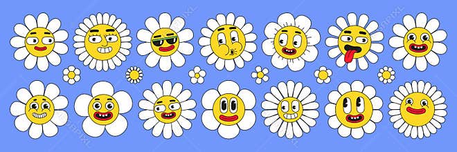 Groovy flower characters. Funny daisy with smiley faces. Sticker pack in trendy retro cartoon style.