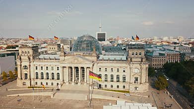 Germany Berlin Aerial Birdseye flying low around Reichstag building