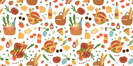 Summer picnic pattern. Vector picnic baskets with food seamless pattern, picnic background, summer outdoor print