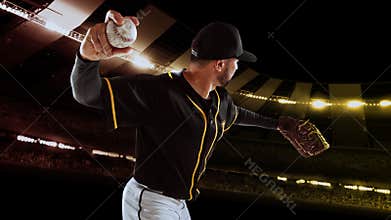 One professional baseball player taking a shot during match in crowed sport stadium at evening time. Sport, win, winner