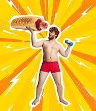 Contemporary art. Funny image of shirtless fat man holding at one hand delicious hot-dog, at another - dumbbell isolated