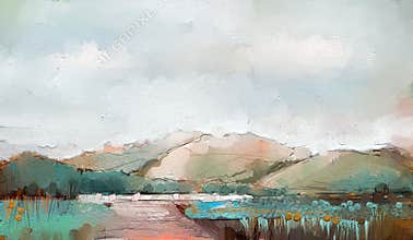 Abstract colorful oil painting on canvas. Semi abstract image of tree ,field, meadow. Landscape paintings background.