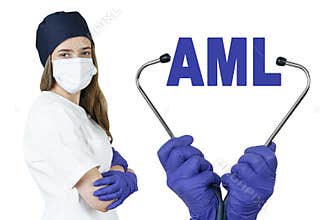 The doctor is holding a stethoscope, in the middle there is a text - AML. Acute Myeloid Leukemia