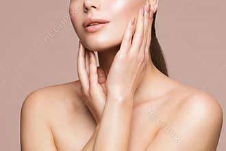 Woman Beauty Treatment, Model Touching Perfect Clear Face Skin, Beautiful Girl Makeup Close up, Skincare