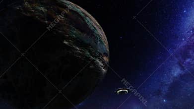 Alien UFO passing near a weird planet against starry universe