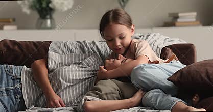 Daughter embrace mommy face touch her express love during conversation