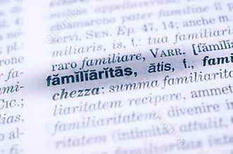 Latin word familiaritas, in English familiarity, friendship on abstract background