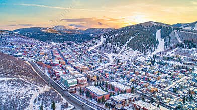 Downtown Park City, Utah, USA Drone Skyline Aerial