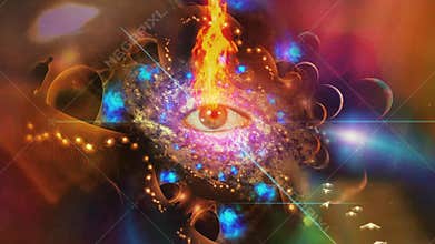 All seeing Eye in flames. Surreal scene