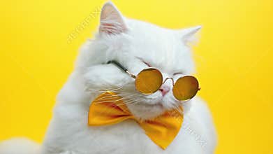 Portrait of white furry cat in fashion sunglasses and bowtie. Luxurious domestic kitty in glasses poses on yellow wall