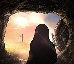 Empty Tomb With Cross At Sunrise Christian Resurrection Faith Concept