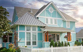 Country Blue Farmhouse Front Exterior Maison House Sunset Sky Background