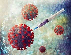 Syringe with vaccine for coronavirus covid 19. concept of cure from virus