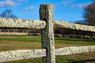 Detail of an old split-rail fence with green lichen borders a field.