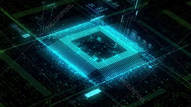 CPU Chip on Motherboard - abstract 3D render of a computer processor chip on a circuit board with microchips and other computer