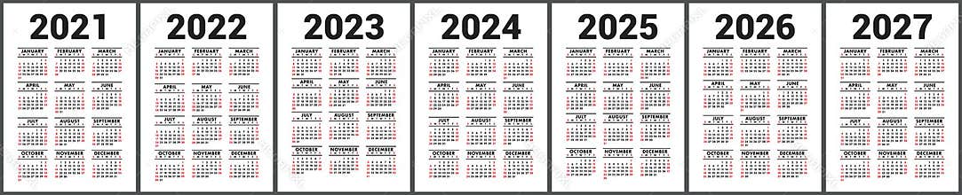 Calendar 2021, 2022, 2023 and 2024, 2025, 2026 and 2027. English vector set. Vertical wall or pocket calender template. Design