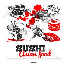 Japanese sushi menu background. Hand darwn sketch illustrations