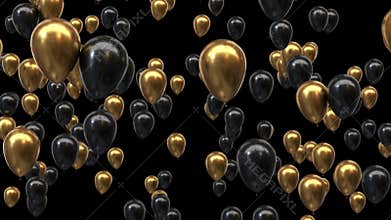 Loop Flying gold and black balloons with alpha channel