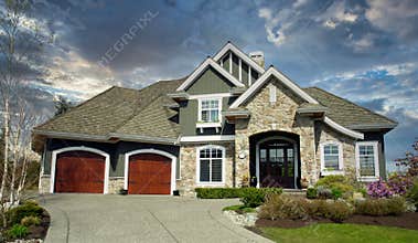 New Mansion Rockwork Exterior Maison Home House Stormy Clouds Sky Background