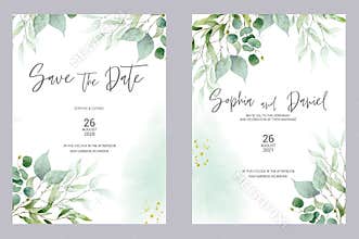 Watercolor wedding invitation cards. Greenery poster, invite. Elegant wedding invitation with watercolor green and gold