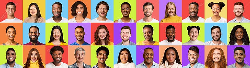 Diverse Males And Females Smiling Faces Over Colorful Backgrounds, Collage