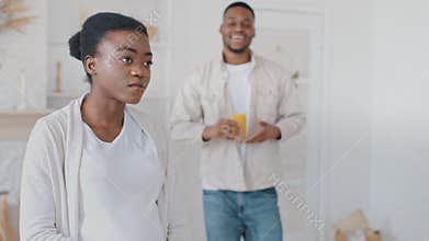 Cropped shot pregnant african young ethnic woman expectant mother stroking belly afro black caring husband future father