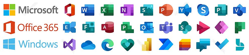 Kiev, Ukraine - May 09, 2021: Microsoft Office 365: Word, Excel, OneNote, Sway, PowerPoint, Yammer, Outlook, Access, Publisher.