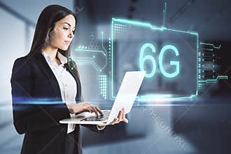 High speed mobile internet concept with augment reality 6g inscription and businesswoman working